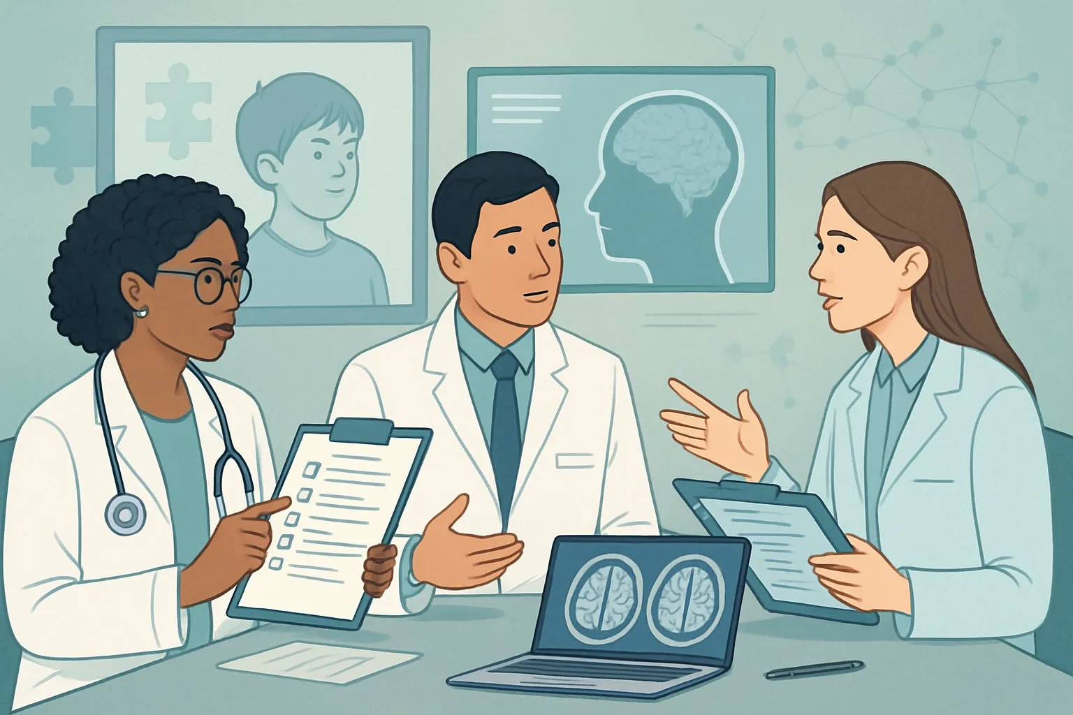Bir grup sağlık profesyoneli, klinik ortamında Asperger Sendromu ve Yüksek İşlevli Otizm tanı sürecini değerlendirmek için birlikte çalışıyor.