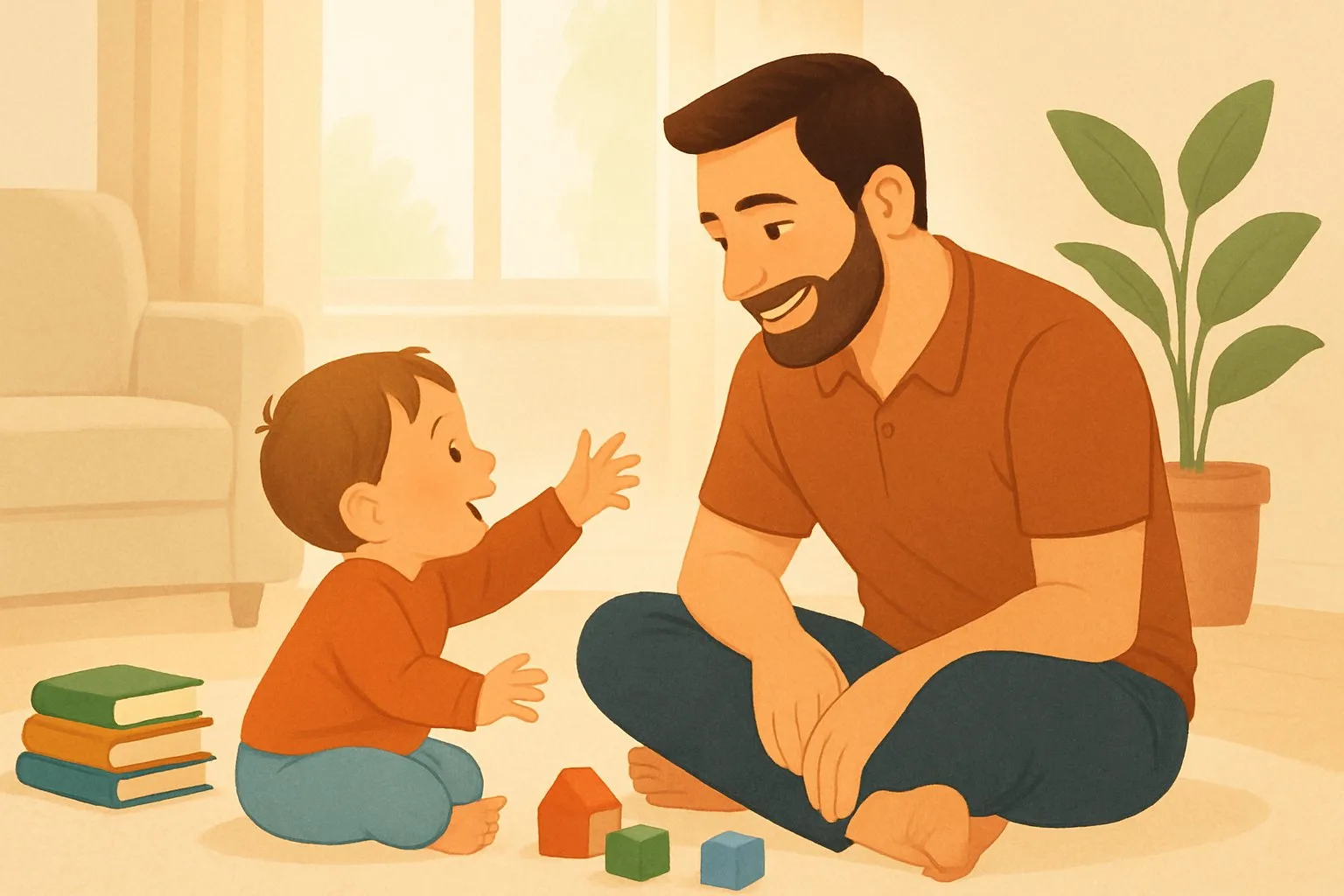 Bir baba, çocuğuyla yerde oturmuş, gülümseyerek ve göz teması kurarak oyun oynuyor.