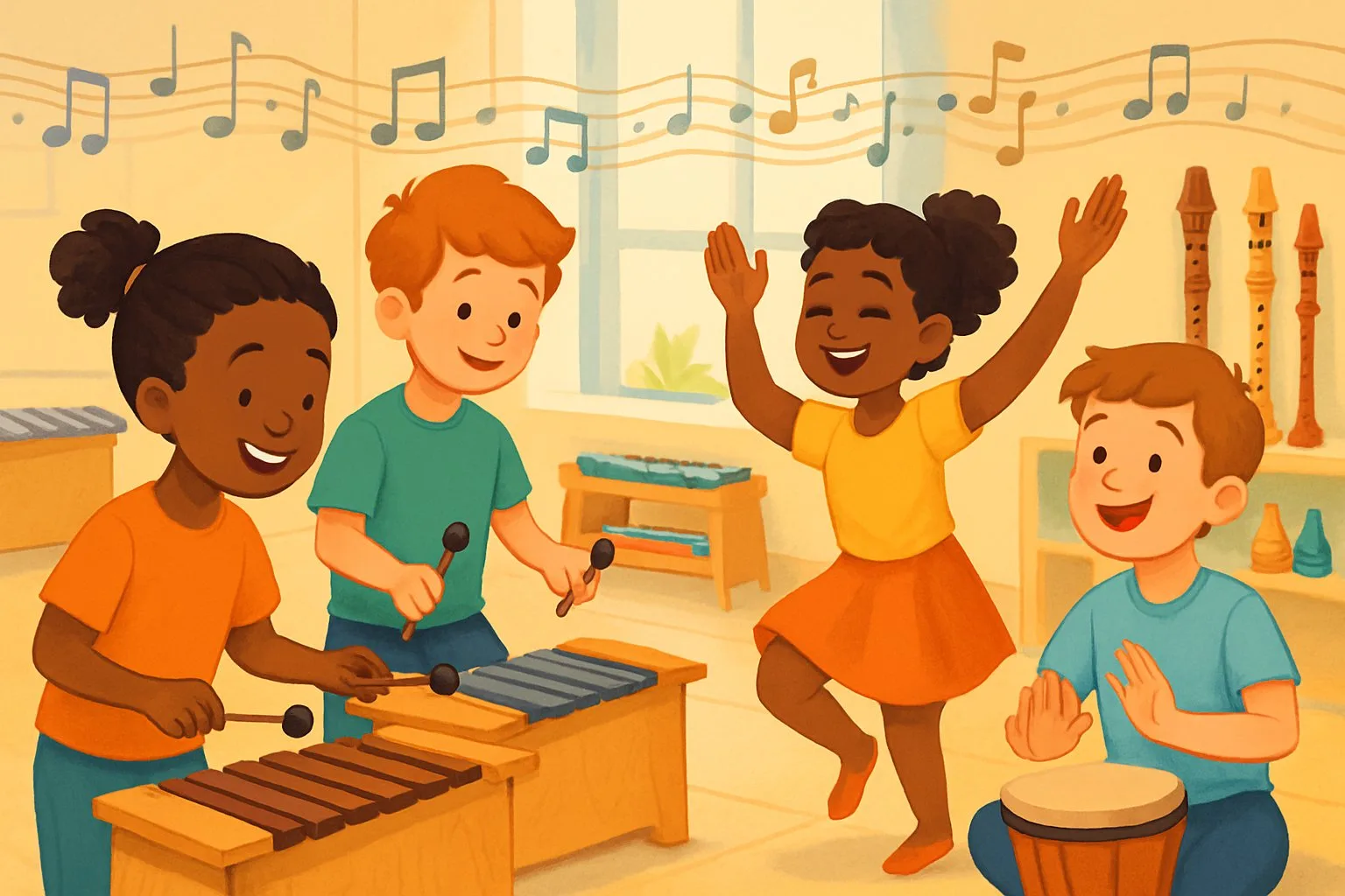 Çeşitli çocukların müzik aletleri çalıp dans ettiği, neşeli ve hareketli bir sınıf ortamı.