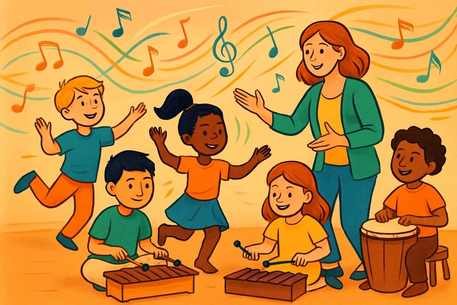 Çocuklar ve öğretmenin birlikte müzik aletleri çalıp hareket ettiği bir sınıf ortamı.