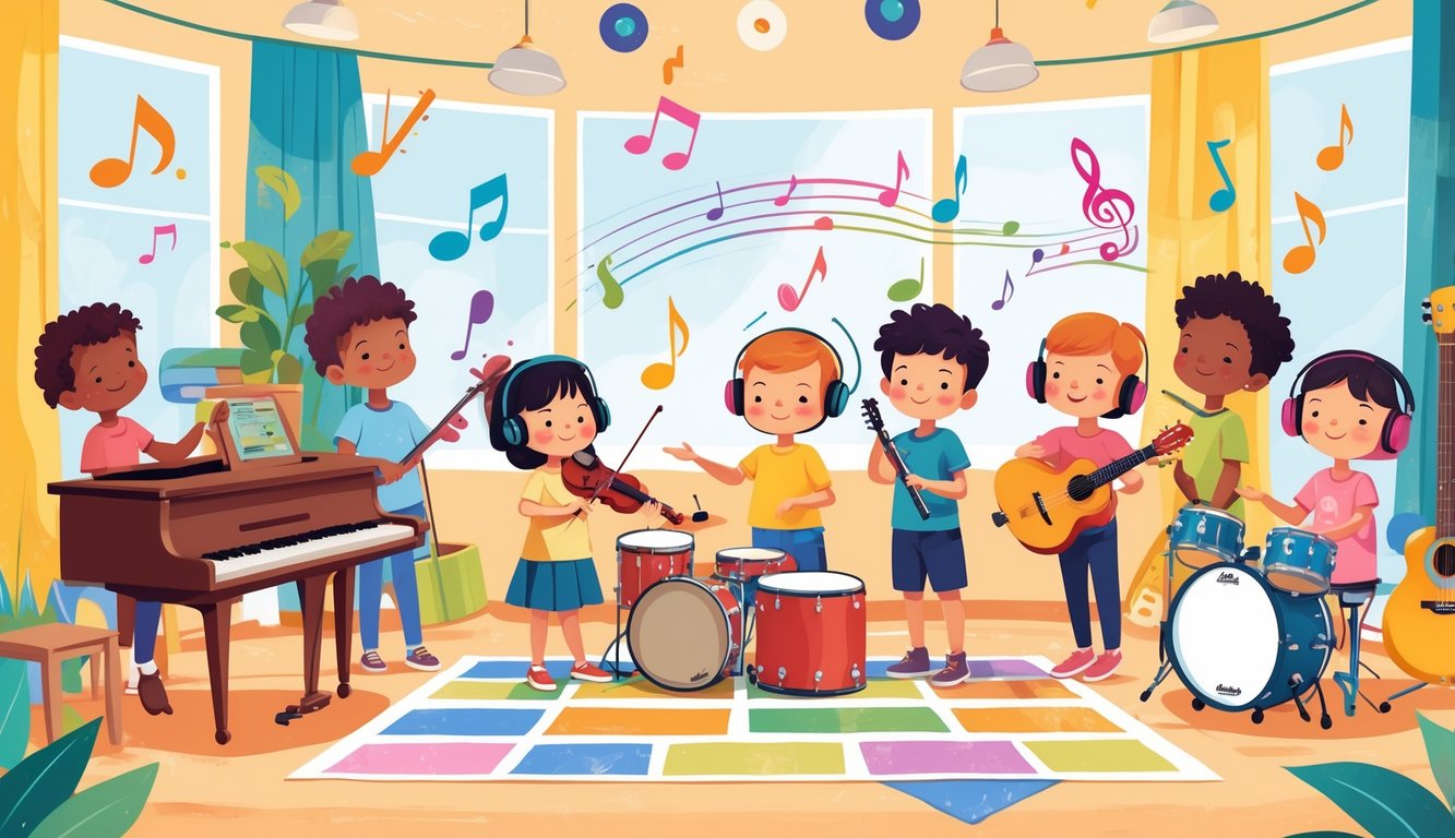 Farklı müzik türlerini keşfeden ve çeşitli enstrümanlarla oynayan çocuklar.