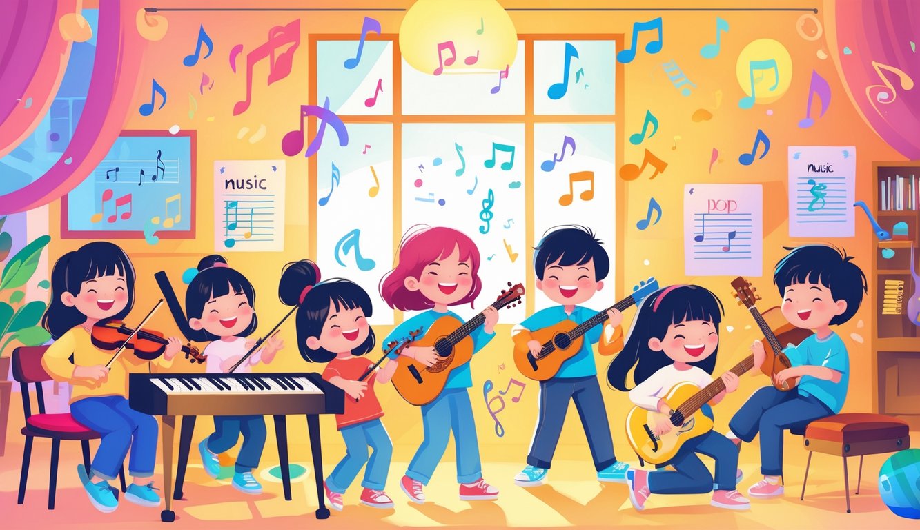 Farklı müzik türlerini deneyimleyen ve çeşitli enstrümanlar çalan çocukların bulunduğu neşeli bir müzik odası.