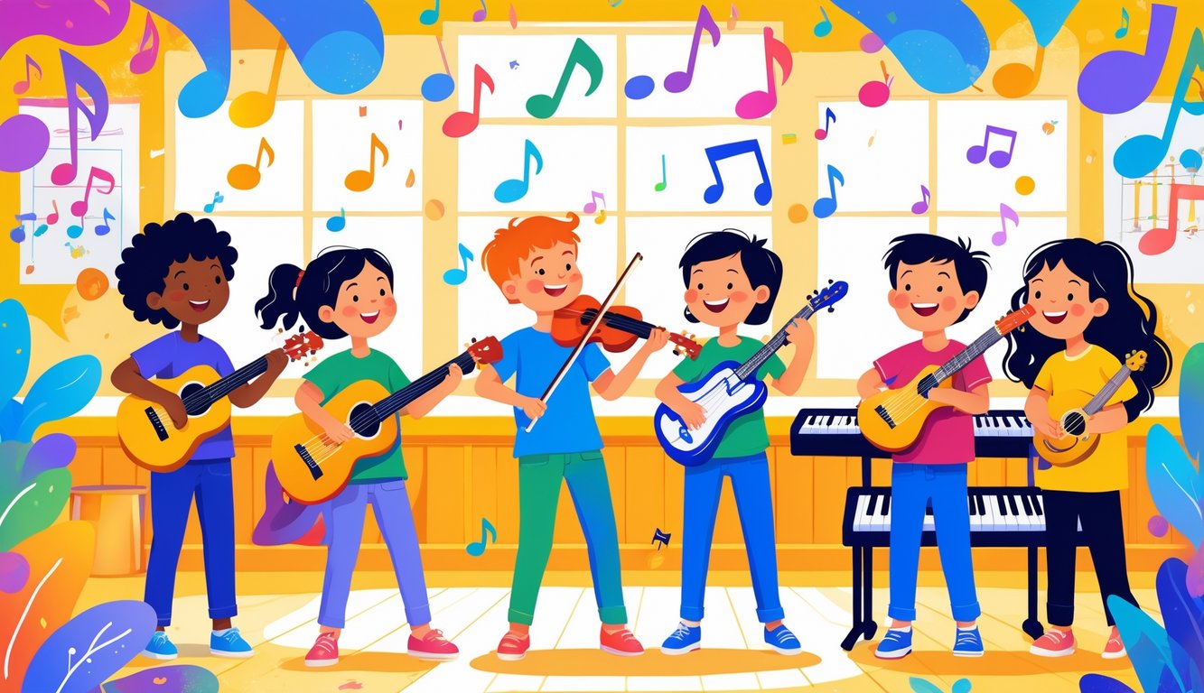 Farklı müzik türlerini keşfeden neşeli çocuklar çeşitli müzik aletleri çalıyor.