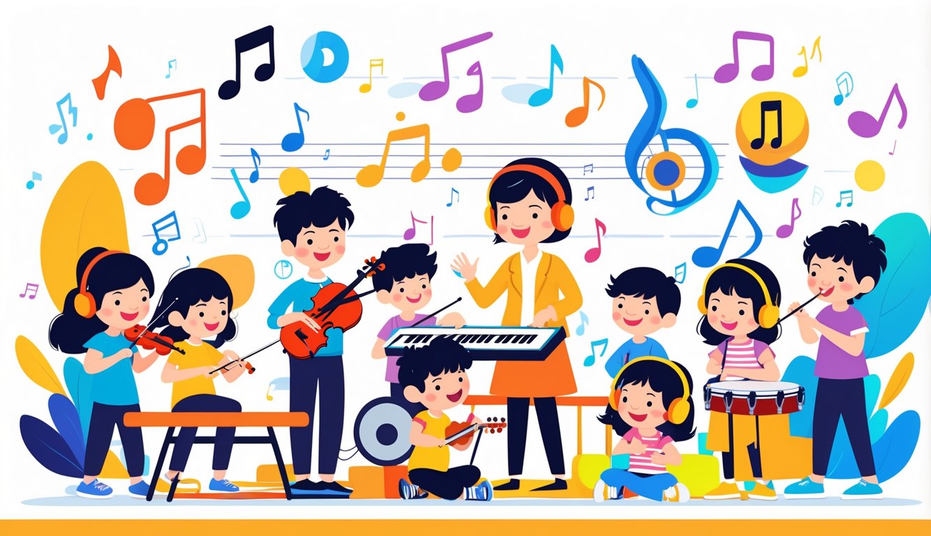 Çocukların farklı müzik aletleri çaldığı ve müzik türlerini keşfettiği bir sınıf ortamı.