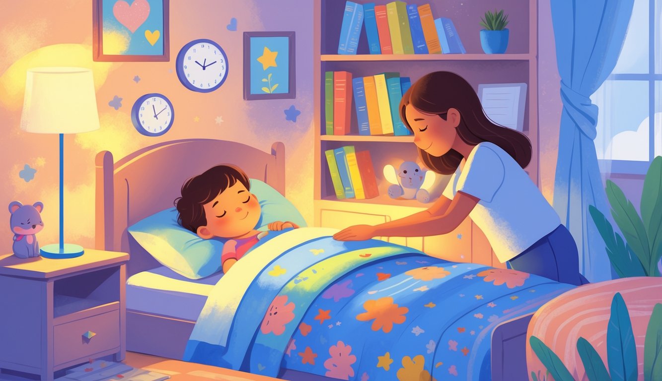 Bir çocuk yatakta uyuyor, yanında ebeveyn çocuğu nazikçe yatağa yatırıyor, odada gece lambası, saat ve kitaplar bulunuyor.
