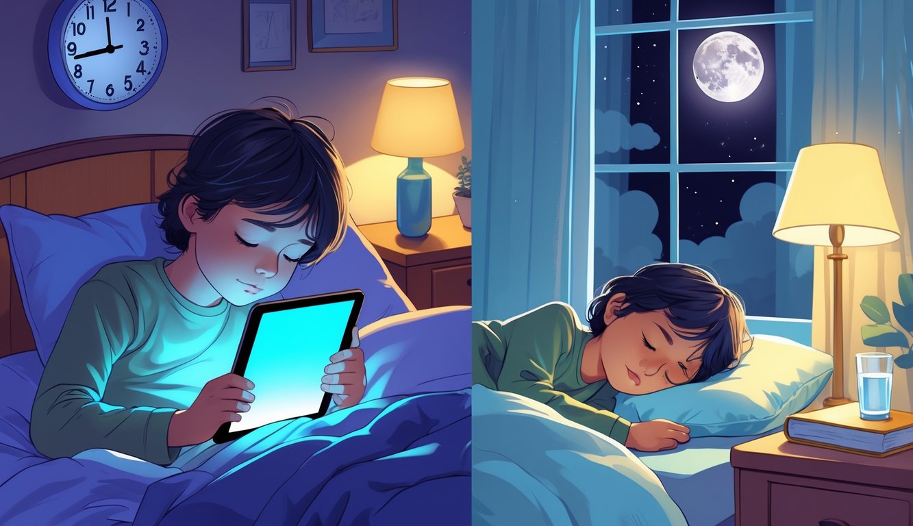 Bir çocuk ekran kullanırken yorgun ve uykuya dalamıyor, diğer tarafta aynı çocuk rahat ve huzurlu uyuyor.