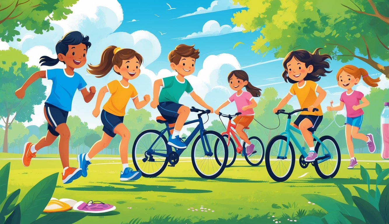 Çocukların parkta koştuğu, bisiklete bindiği ve ip atladığı, sağlıklı yaşam için spor yaptığı bir sahne.