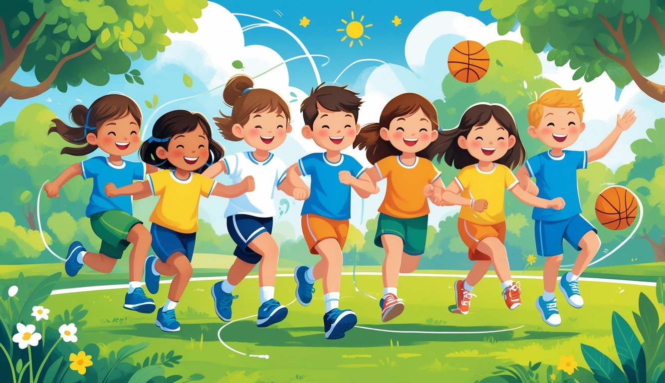 Bir parkta çeşitli sporlar yapan, gülen ve birbirleriyle etkileşimde bulunan çocuklar.