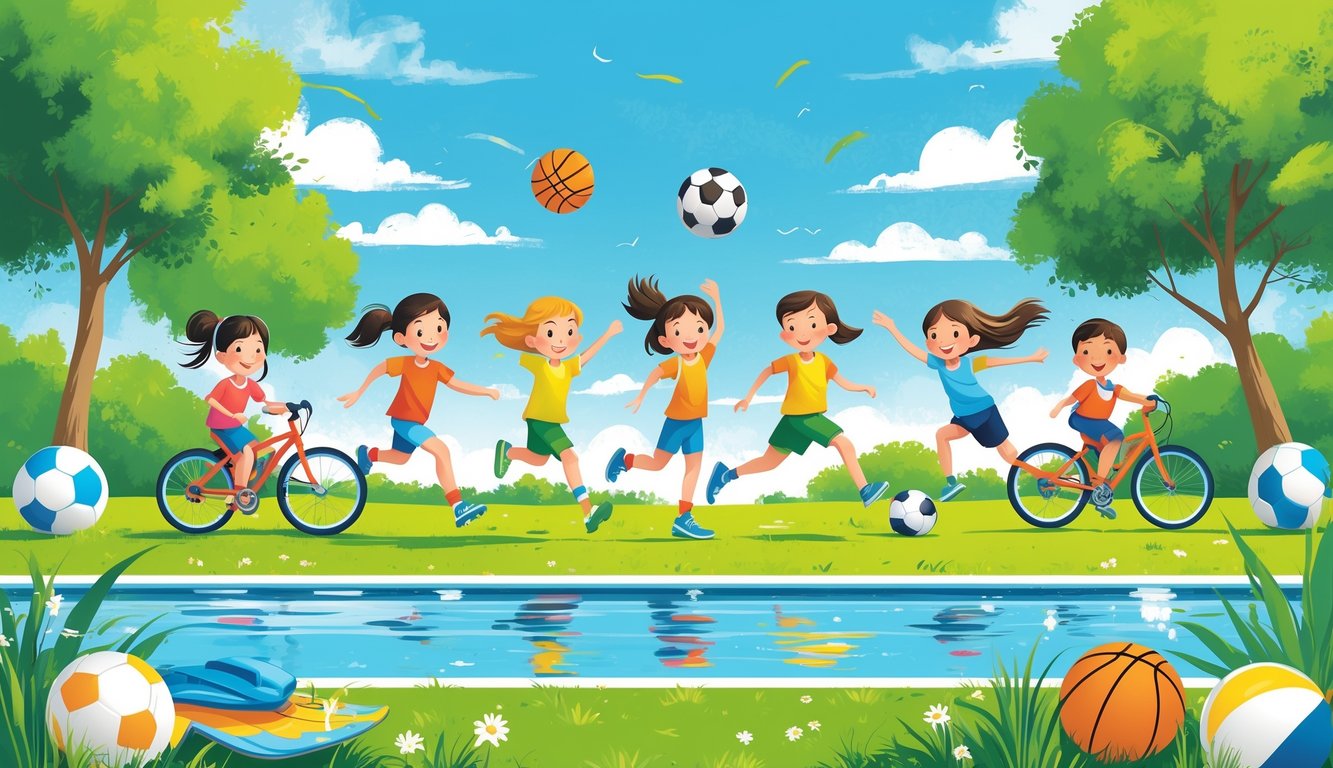 Çeşitli spor dallarında oynayan çocukların açık havada sağlıklı ve mutlu bir şekilde hareket ettiği bir sahne.
