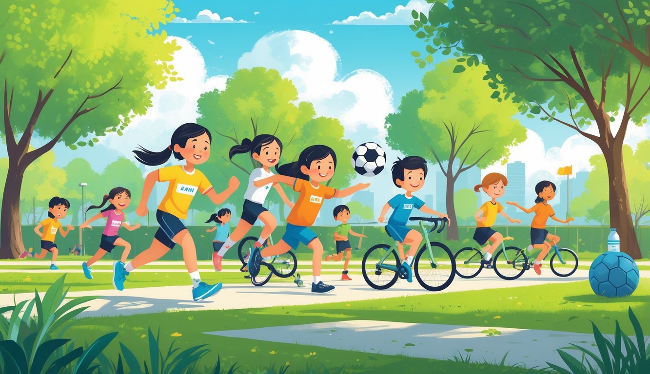Parkta çeşitli spor aktiviteleri yapan, mutlu ve motive çocuklar.