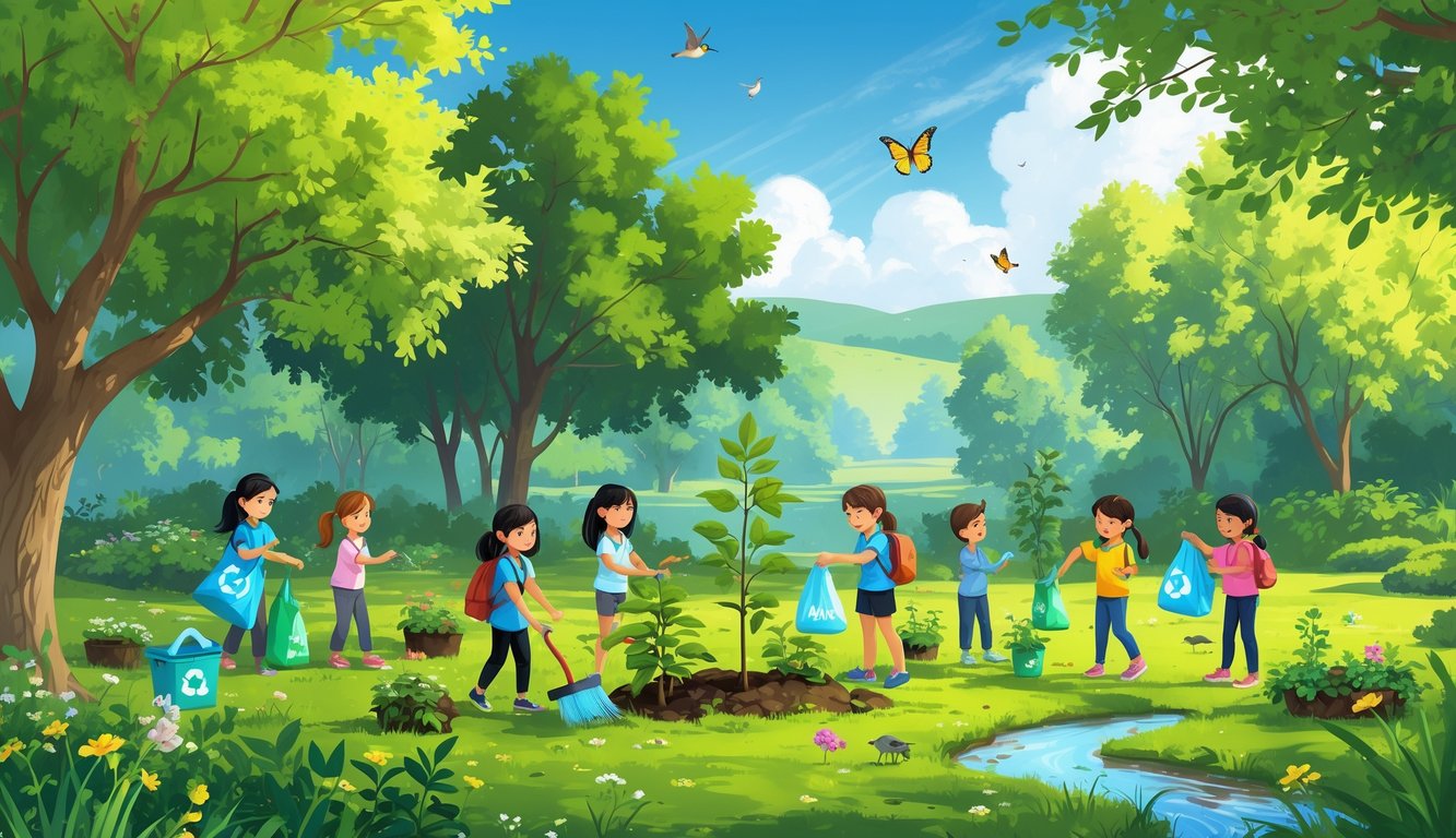 Çocuklar parkta ağaç dikiyor, çiçekleri suluyor ve çevreyi temizliyor, doğayı koruma etkinliği yapıyorlar.