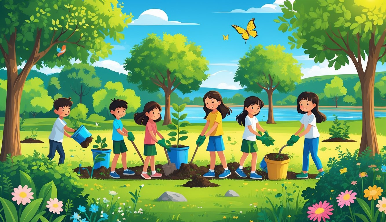 Çocuklar parkta ağaç dikiyor, bitkileri suluyor ve çevreyi temizliyor, etraflarında kuşlar ve kelebekler var.