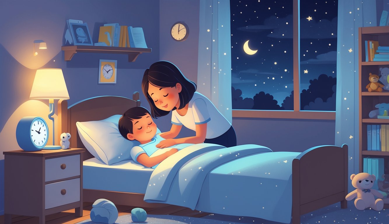 Bir ebeveyn, sakinleşmiş bir çocuğu gece yatakta uyutuyor, odada gece lambası, kitaplar ve oyuncaklar bulunuyor.