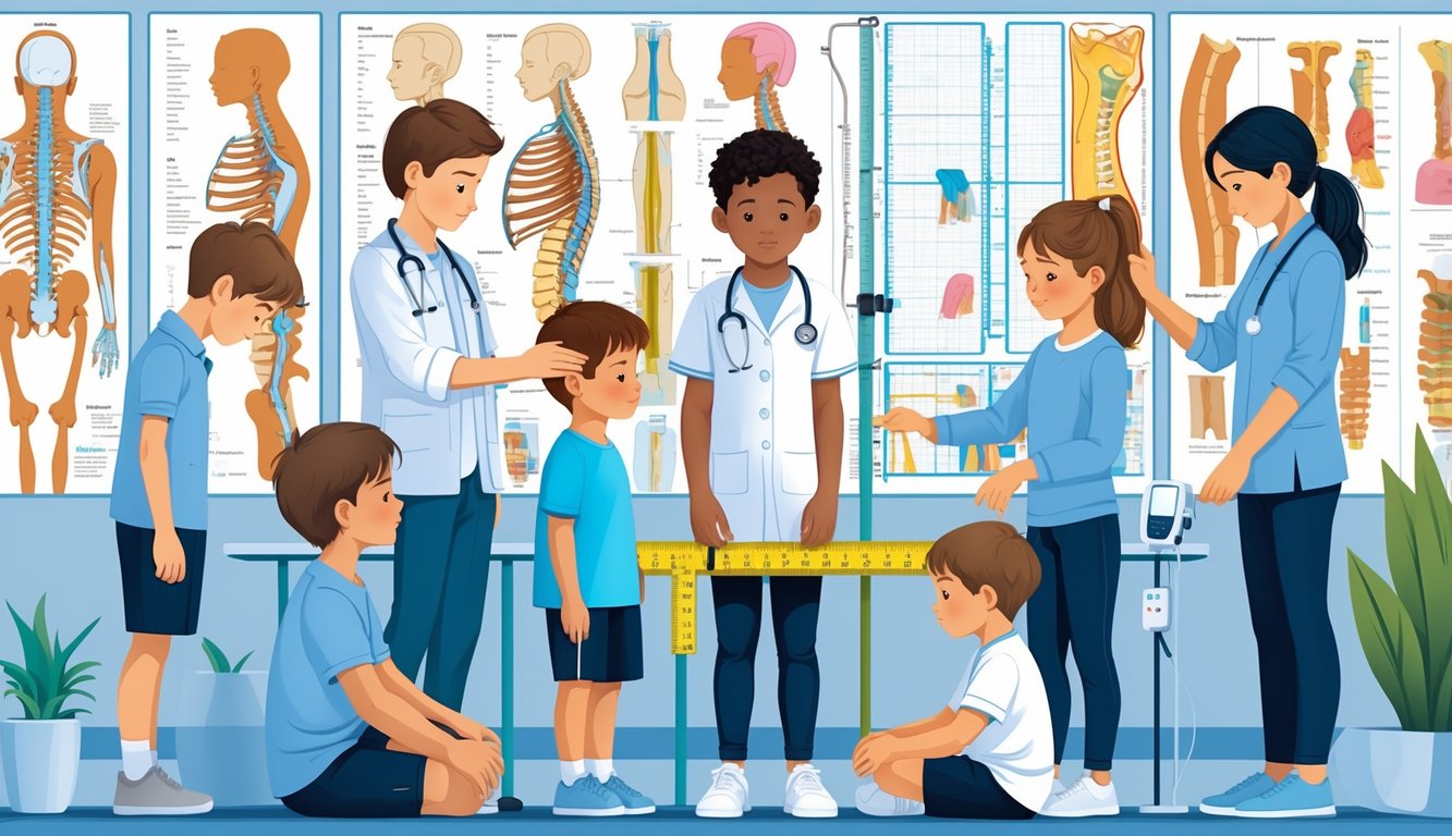 Çocukların duruş bozuklukları belirtileri ve tanı yöntemlerini gösteren, doktorların çocukları muayene ettiği ve egzersiz yaptırdığı bir sahne.