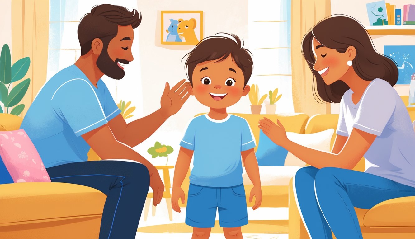 Çocuğun kendine güvenle durduğu, ebeveynlerinin destekleyici şekilde yanında olduğu aile ortamı.