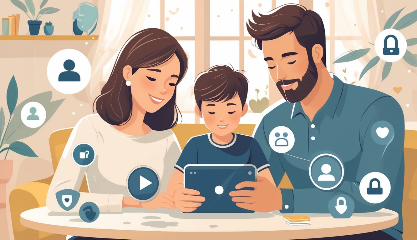 Bir çocuk, anne ve babasıyla birlikte tablet kullanırken, ebeveynler çocuğa sosyal medya güvenliği konusunda rehberlik ediyor.