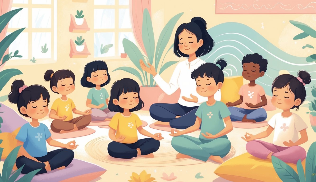 Çocukların rahatlama teknikleri uyguladığı, huzurlu ve destekleyici bir ortamda oturdukları bir sahne.