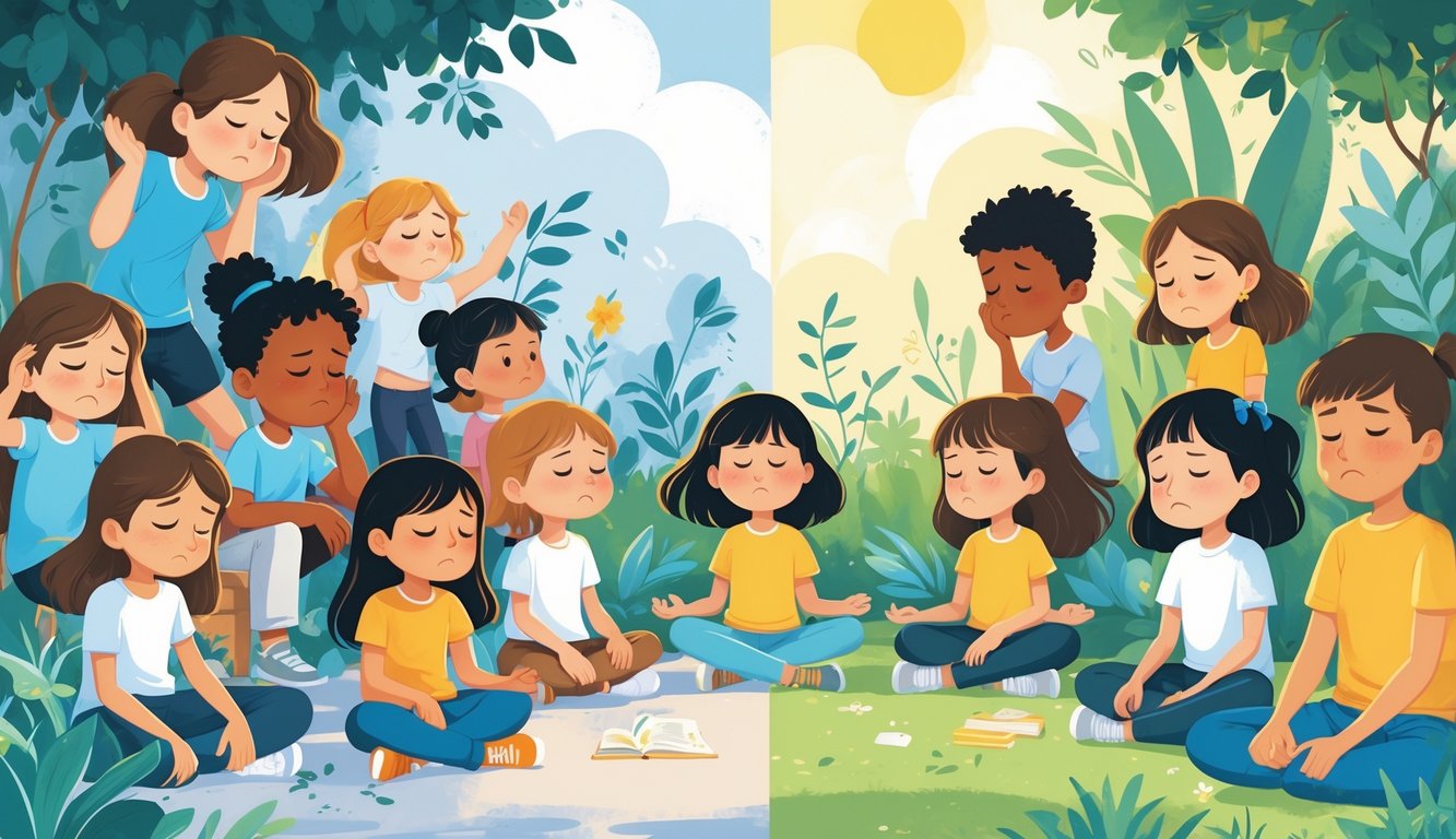 Çocukların stres yaşadığı ve stres yönetimi için rahatlama teknikleri uyguladığı iki farklı sahne.