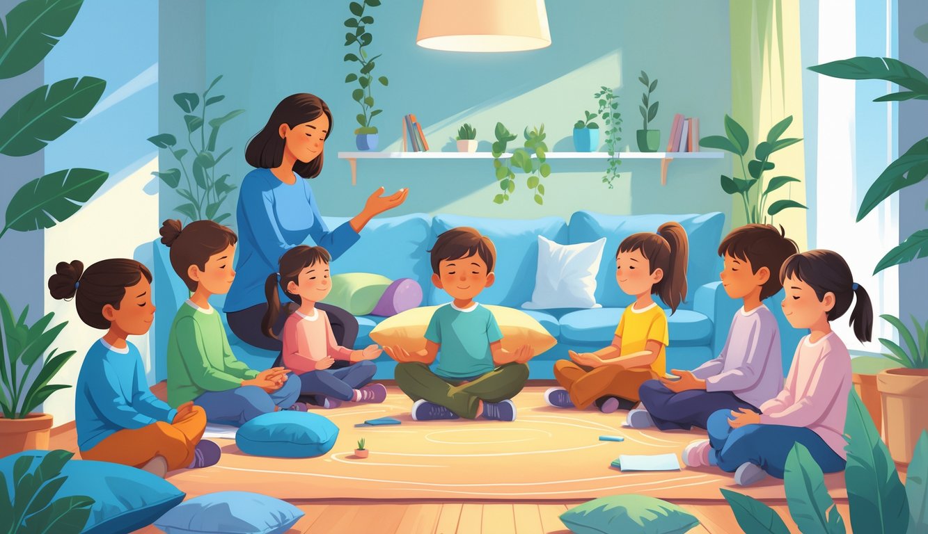 Çocukların rahatlama teknikleri uyguladığı, bir yetişkinin rehberlik ettiği sakin ve destekleyici bir ortam.