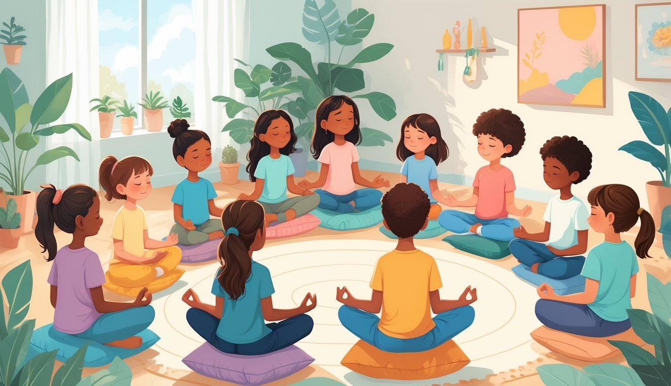 Çocukların rahatlama teknikleri uyguladığı, huzurlu ve destekleyici bir ortamda bir arada oturdukları bir sahne.