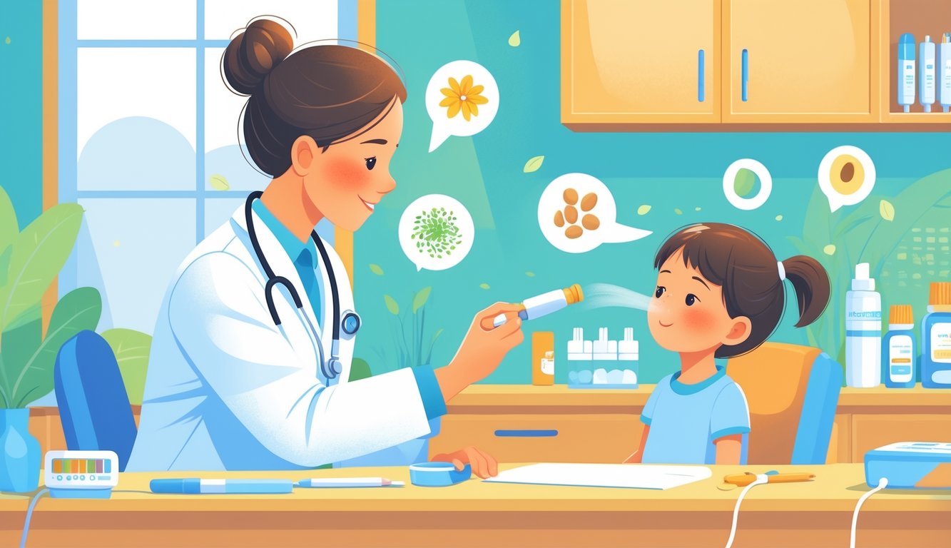 Bir çocuk doktoru, hafif alerji belirtileri gösteren bir çocuğu muayene ediyor, çevrede çocuklarda yaygın alerji tetikleyicileri simgeleri yer alıyor.