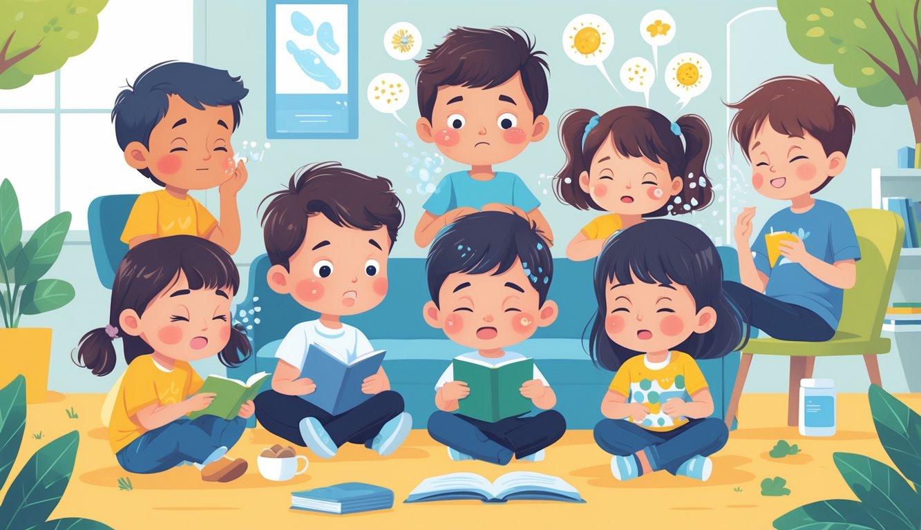 Çeşitli alerjik reaksiyon belirtileri gösteren çocukların bulunduğu sakin bir ortam.