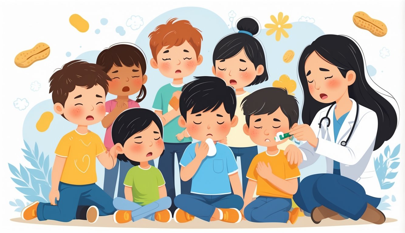 Çocuklarda şiddetli alerjik reaksiyon belirtileri gösteren ve sağlık çalışanının müdahale ettiği bir grup çocuk.