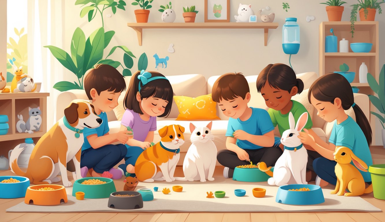 Çocukların evcil hayvanlarına sevgiyle baktığı ve onlarla oynadığı ev ortamı.