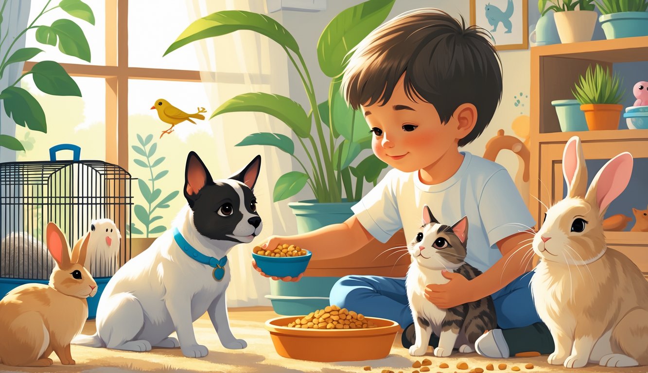 Bir çocuk evde çeşitli evcil hayvanlara sevgiyle bakım yapıyor, köpeği besliyor, kediyi okşuyor ve tavşanı seviyor.