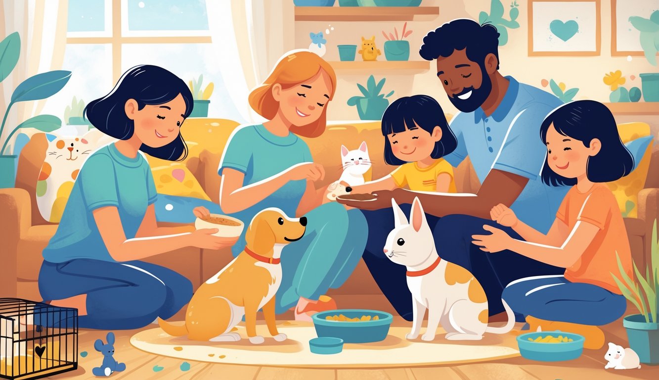 Bir oturma odasında yetişkinler ve çocuklar evcil hayvanlara sevgiyle bakıyor, köpek, kedi ve tavşanla ilgileniyorlar.