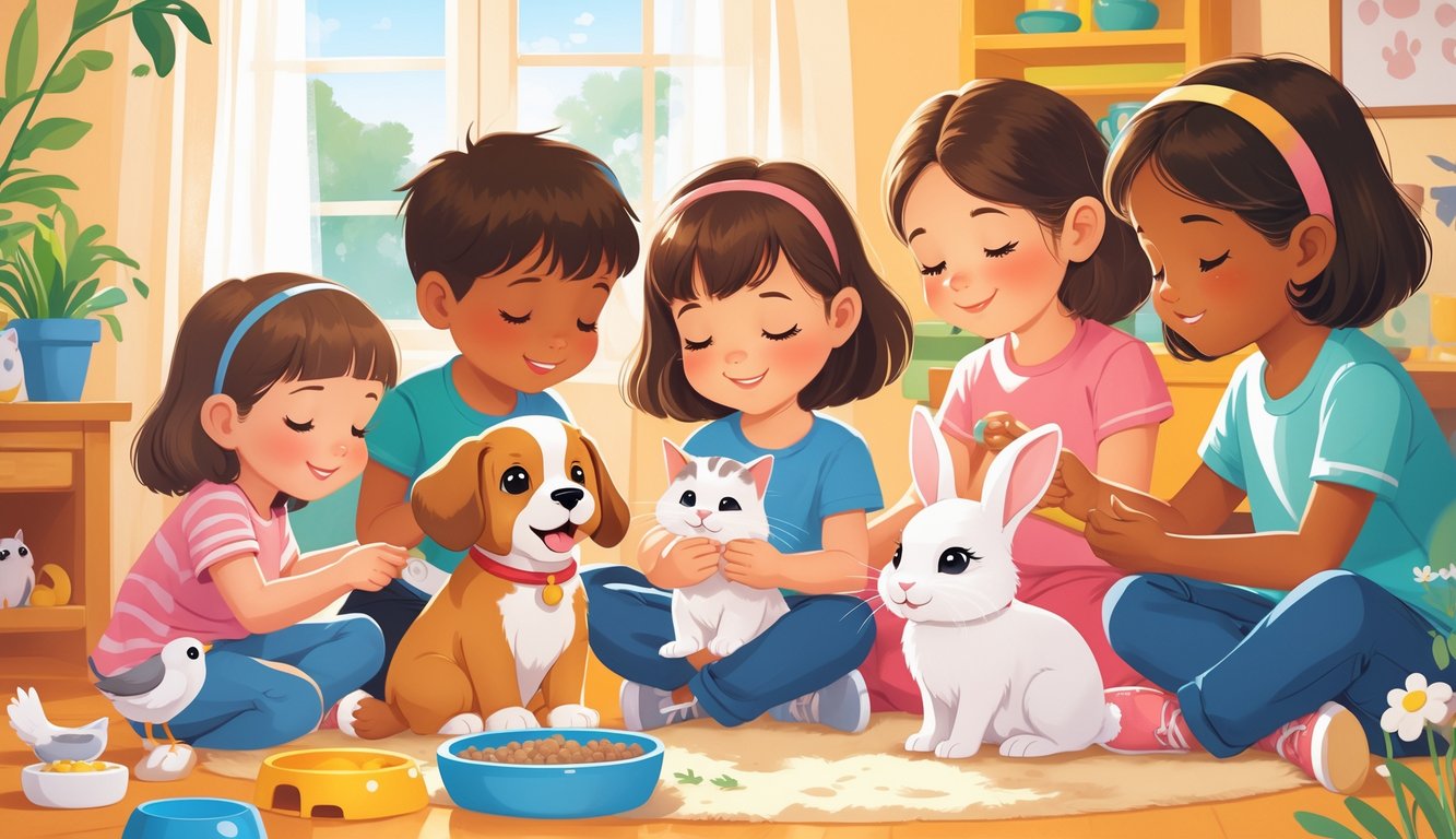 Çocukların evcil hayvanlara sevgiyle baktığı, köpek, kedi ve tavşanla etkileşimde bulunduğu bir ev ortamı.