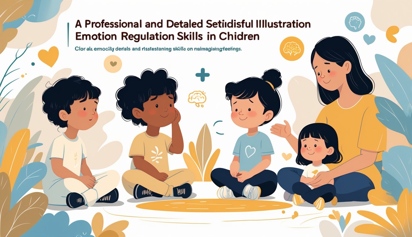 Duygularını yönetmeye çalışan çocukların bulunduğu sakin ve destekleyici bir ortamda, çocukların düşünceli ve sakin ifadelerle oturduğu, bir yetişkinin onları nazikçe yönlendirdiği bir sahne.