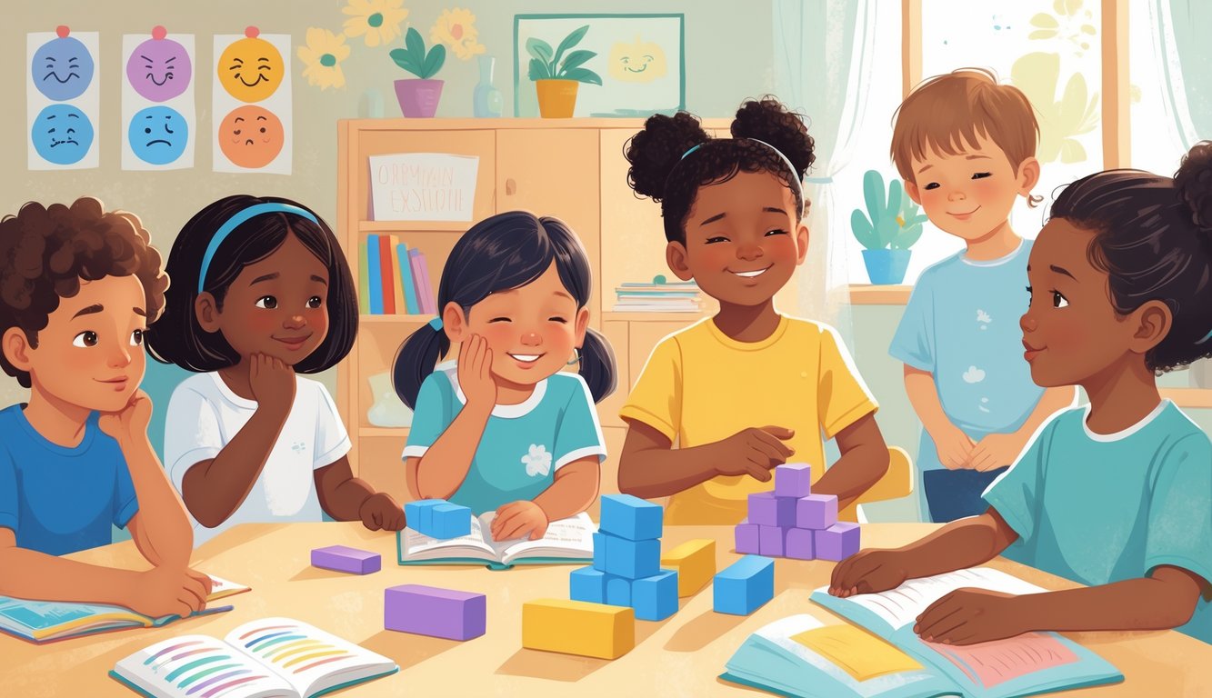 Farklı çocukların duygularını sakin ve kontrollü bir şekilde ifade ettikleri, sıcak ve destekleyici bir ortamda birlikte vakit geçirdikleri bir sahne.