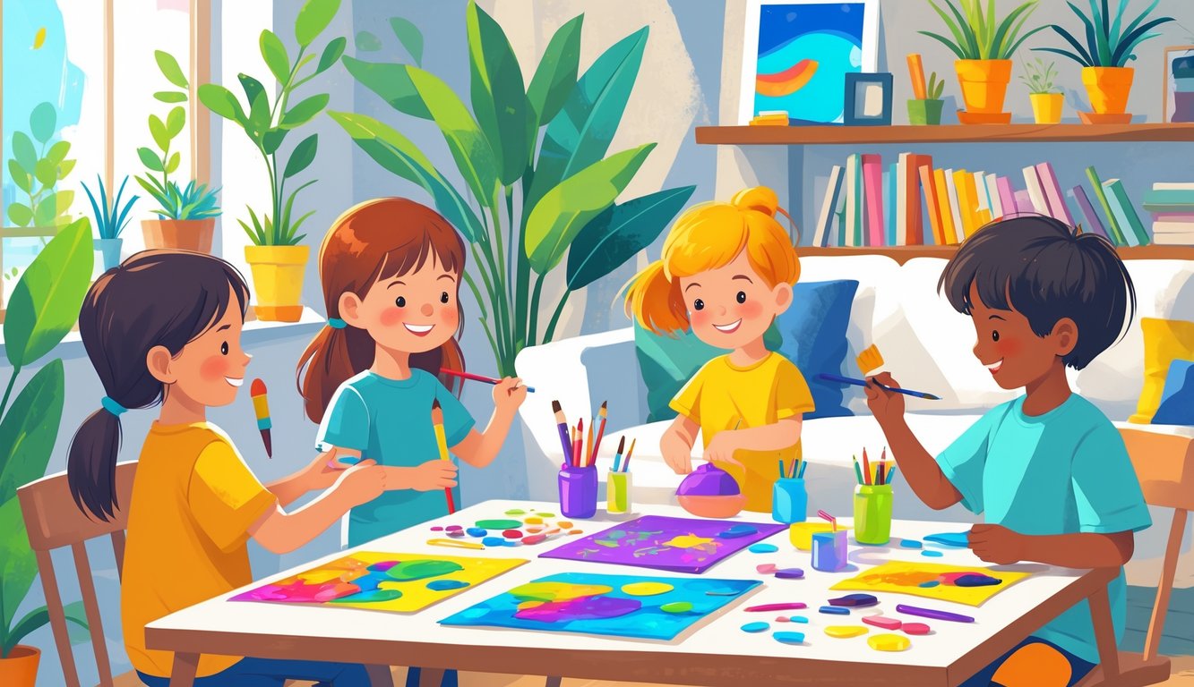 Ev ortamında çocukların resim yaparken, kil ile şekiller oluştururken ve kolaj çalışması yaparken gösterildiği, sanat malzemelerinin bulunduğu bir sahne.