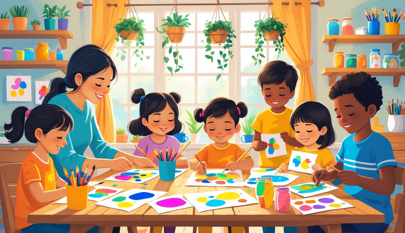 Ev ortamında çeşitli sanatsal etkinliklerle meşgul olan çocuklar, resim yapıyor, kil ile şekiller oluşturuyor ve kağıtla el işi yapıyor.