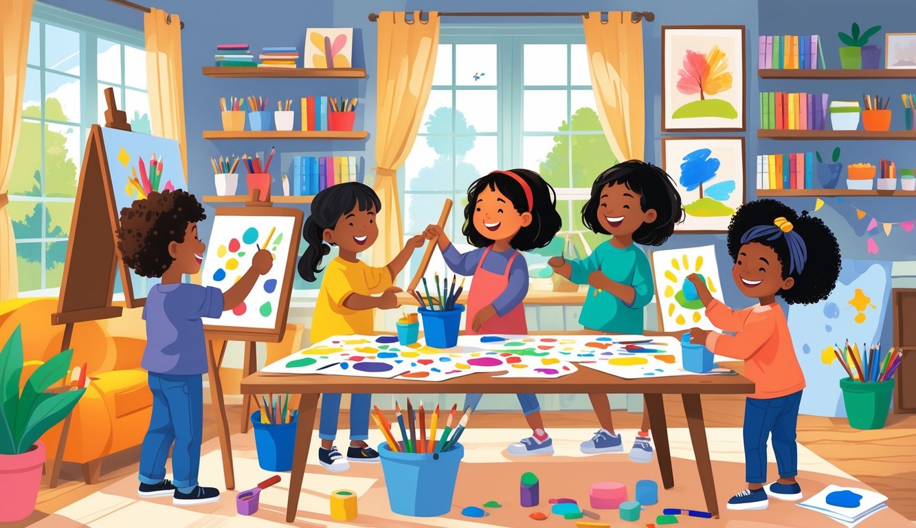 Çocukların evde çeşitli sanatsal etkinliklerle yaratıcılıklarını geliştirdiği sıcak ve neşeli bir ortam.