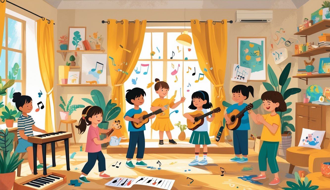 Evde müzik aletleri çalan ve sahne oyunu oynayan çocukların bulunduğu, sanat etkinliklerinin yapıldığı bir oda.