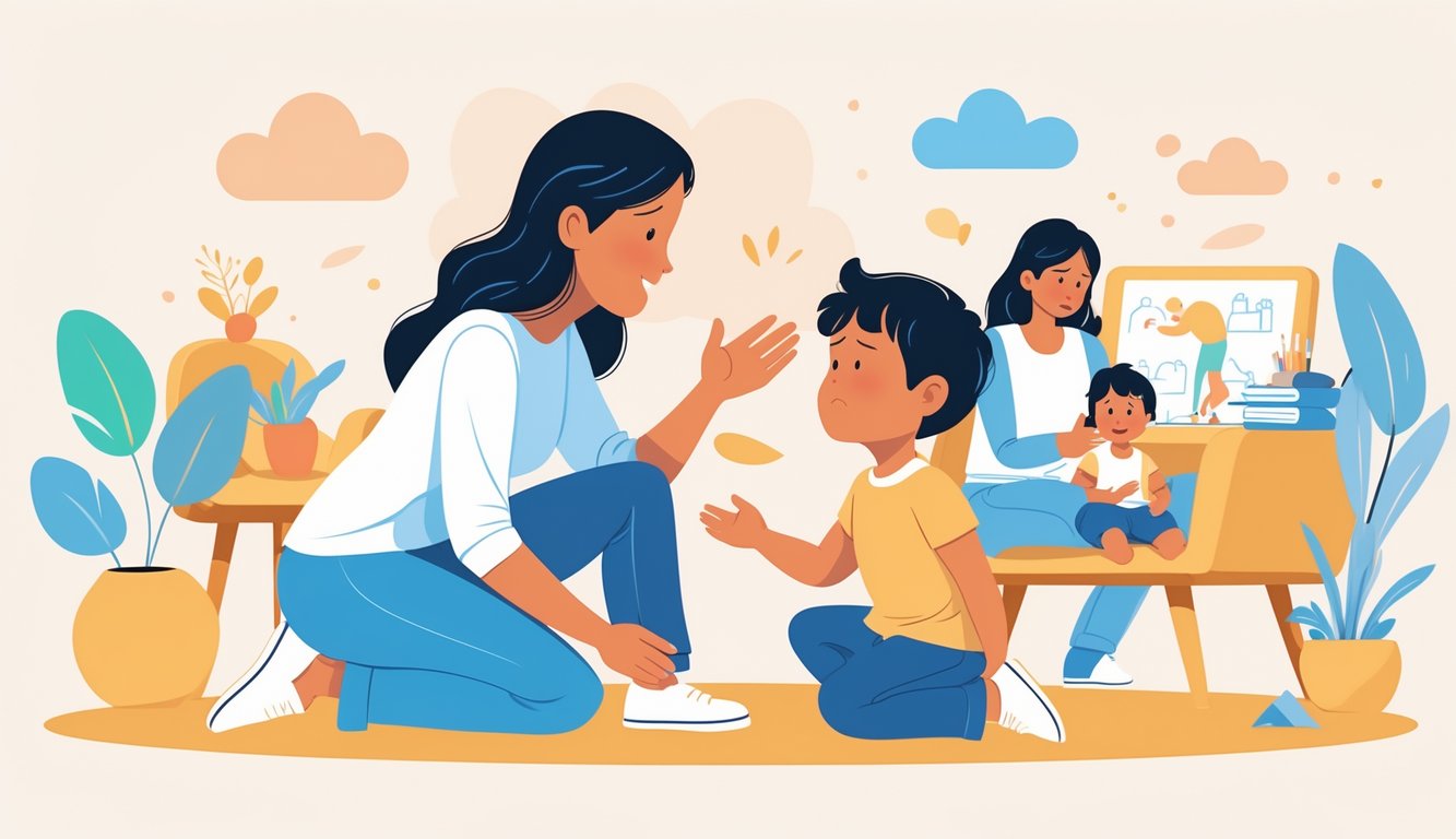 Bir ebeveyn, öfkeli görünen bir çocukla sakin ve destekleyici bir şekilde konuşuyor, arka planda başka bir ebeveyn çocukla birlikte sakinleştirici bir etkinlik yapıyor.