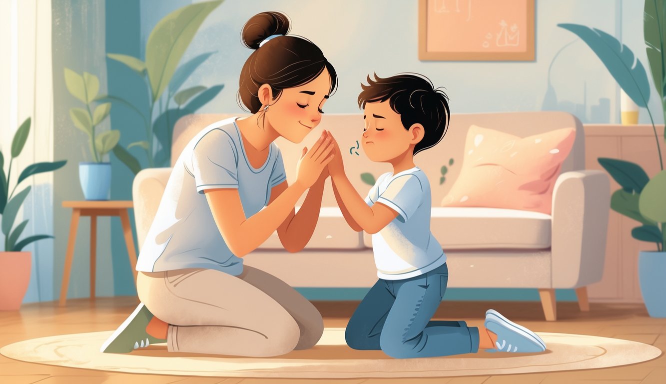 Bir ebeveyn ve çocuk, sakin bir odada çocuk öfkesini yönetmeyi öğrenirken birbirlerine destek oluyor.