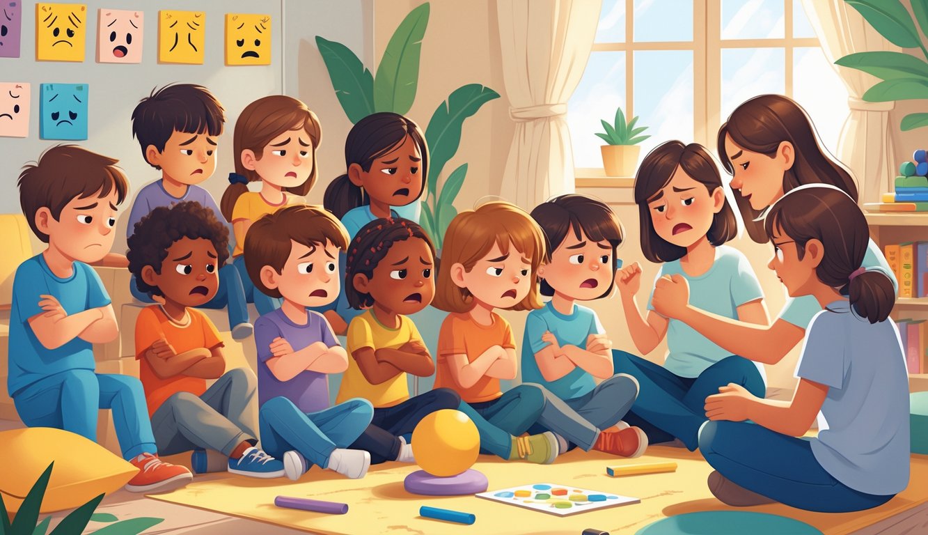 Çeşitli çocuklar öfke belirtileri gösterirken, ebeveynler ve bir danışman onları sakinleştirip destekliyor.