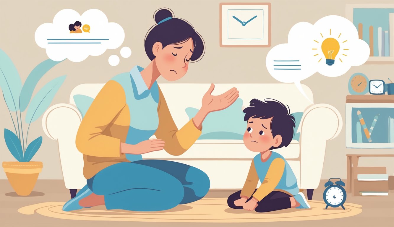 Bir ebeveyn, öfkeli görünen bir çocukla sakin ve destekleyici bir şekilde konuşuyor, çevrede öfke yönetimi için alternatif davranışları simgeleyen küçük semboller bulunuyor.