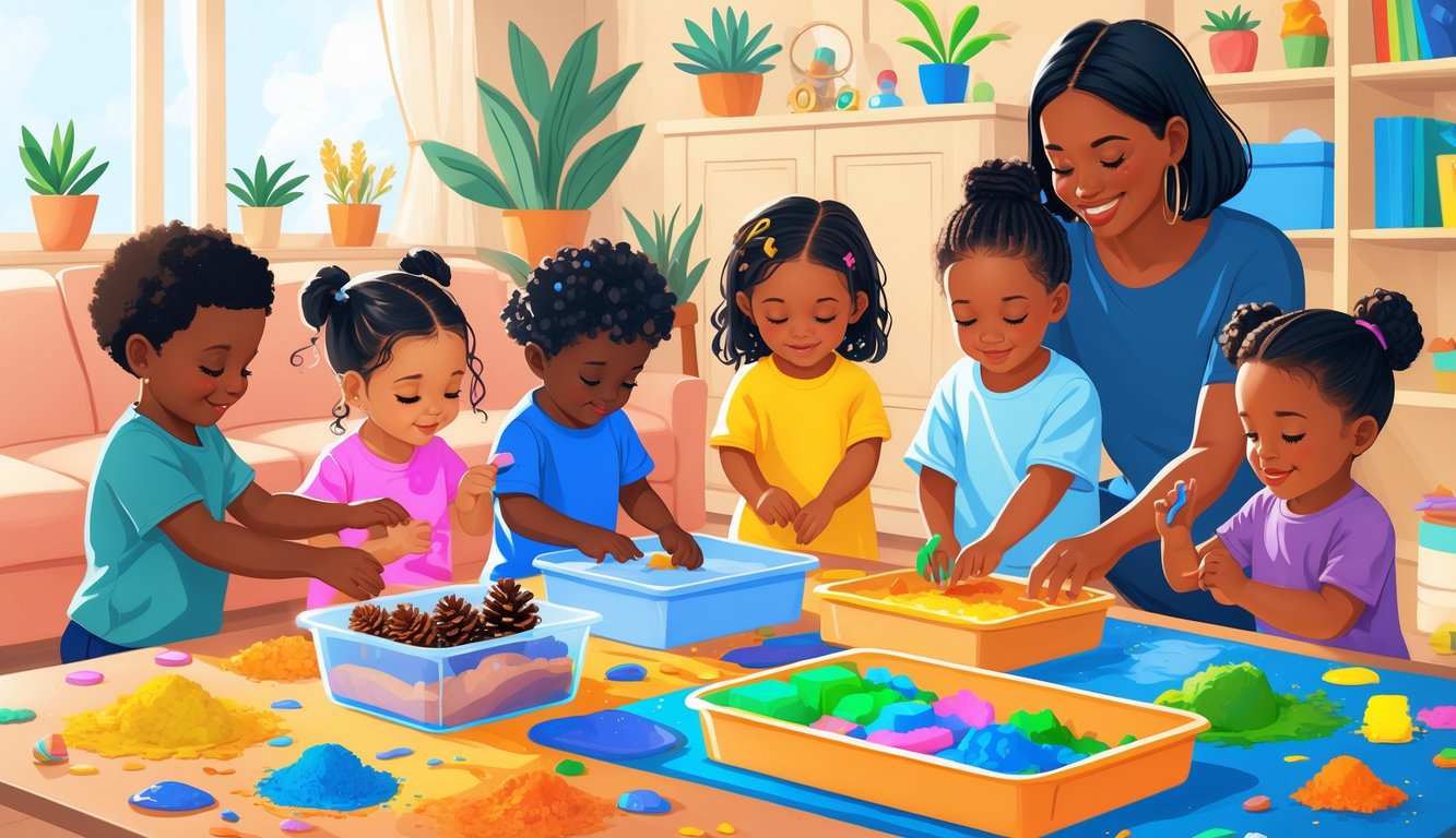 Ev ortamında çocukların duyusal oyunlarla çeşitli etkinlikler yaptığı, bir yetişkinin onları yönlendirdiği bir sahne.