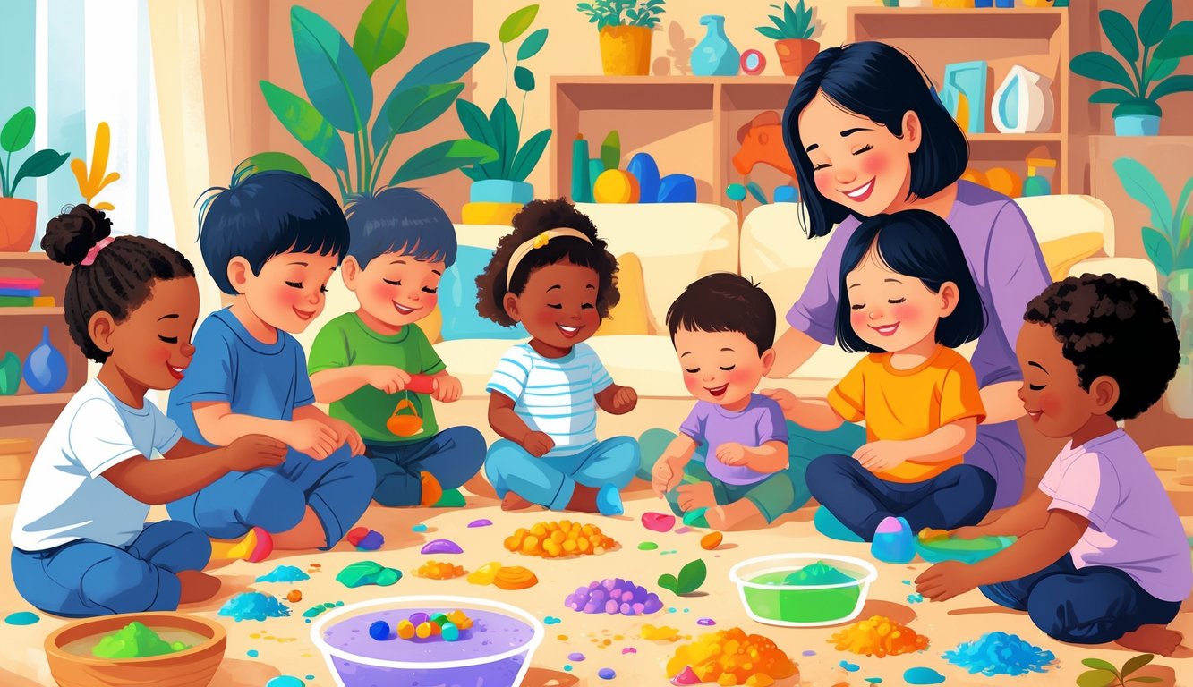 Çocukların evde duyusal oyunlarla gelişimlerini destekledikleri, çeşitli oyuncaklar ve materyallerle oynadıkları bir sahne.