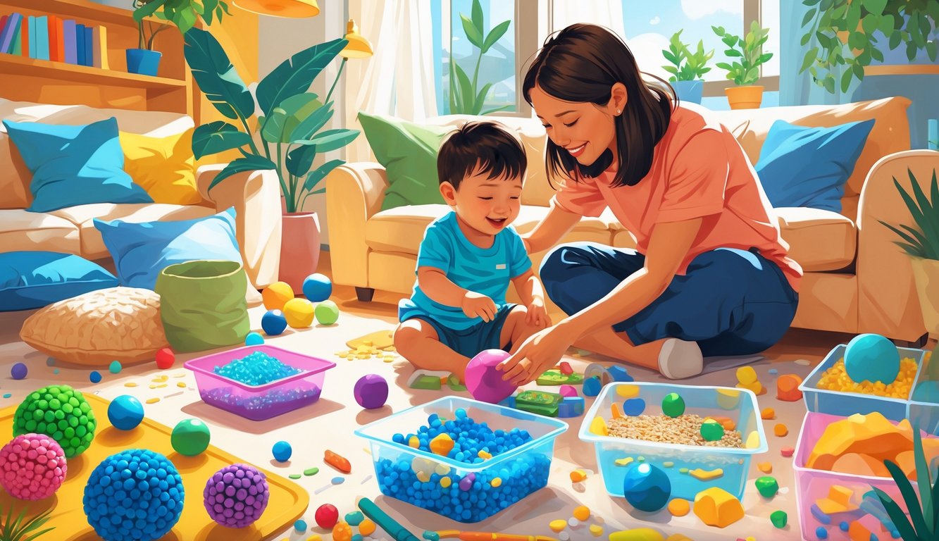 Ev ortamında ebeveyn ve çocuğun çeşitli duyusal oyun malzemeleriyle oynadığı, sıcak ve neşeli bir sahne.