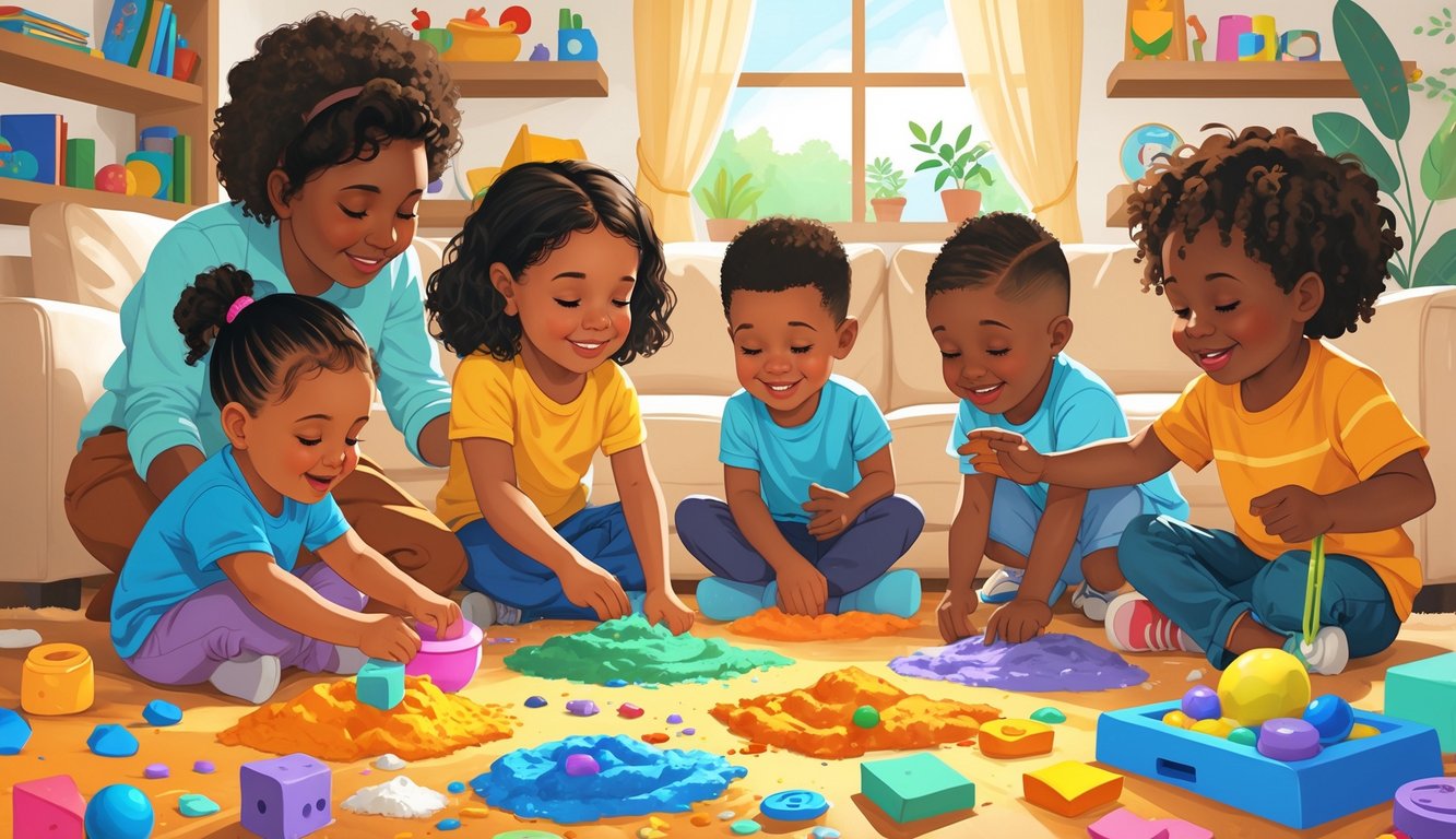 Evde çeşitli duyusal oyunlarla oynayan ve birlikte etkileşimde bulunan çocuklar ve onları destekleyen bir yetişkin.