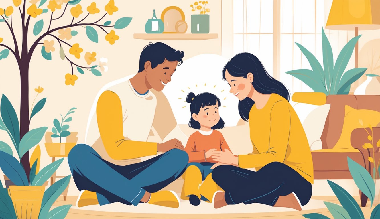 Boşanmış ailelerde gelişim için destekleyici yaklaşımları gösteren, çocuk ve iki yetişkinin birlikte olduğu sıcak bir sahne.