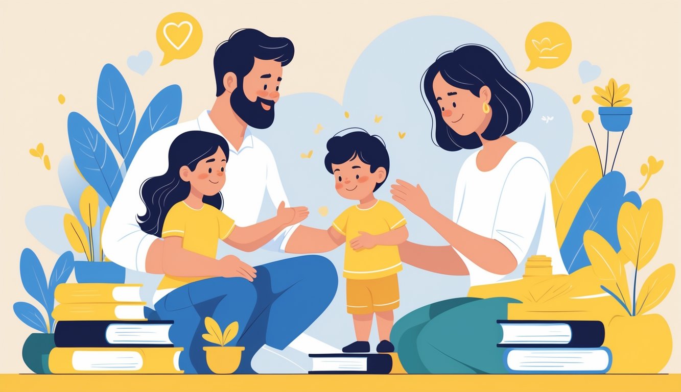 Boşanmış ailelerde destekleyici yaklaşımlarla çocuk gelişimini gösteren, çocuğun etrafında iki yetişkinin bulunduğu sıcak ve güvenli ev ortamı.