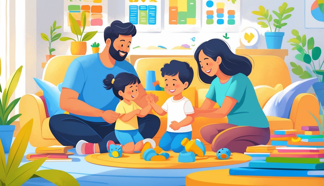 Bir oturma odasında oyun oynayan çocuk ve onu destekleyen anne ile baba.