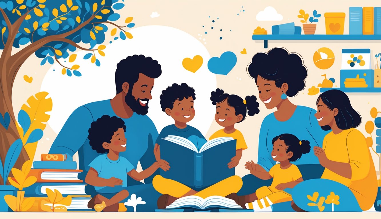 Bir aile ortamında ebeveynlerin çocuklarıyla birlikte kitap okuduğu, oynadığı ve sevgi dolu anlar paylaştığı bir sahne.