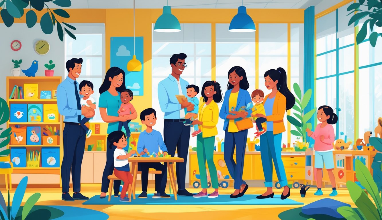 Çalışan ebeveynler ve çocuklarının bulunduğu, çocukların oyun oynadığı ve ebeveynlerin onlarla vakit geçirdiği bir çocuk bakım merkezi.